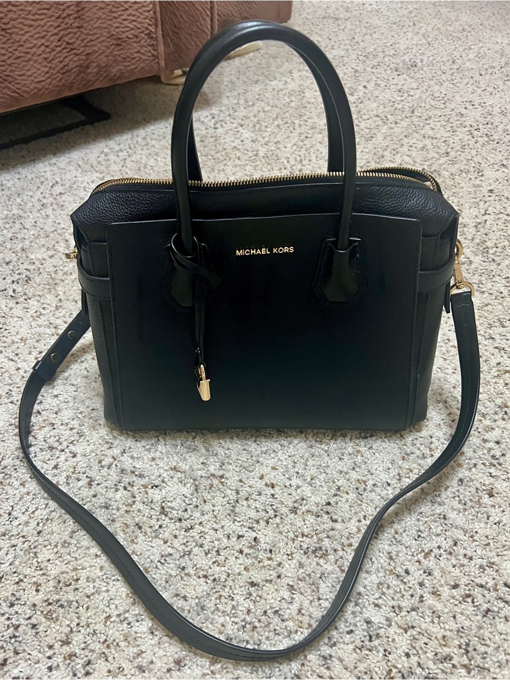 Michael Kors Mercer Black Leather Satchel pebble leather with Gold Hardware